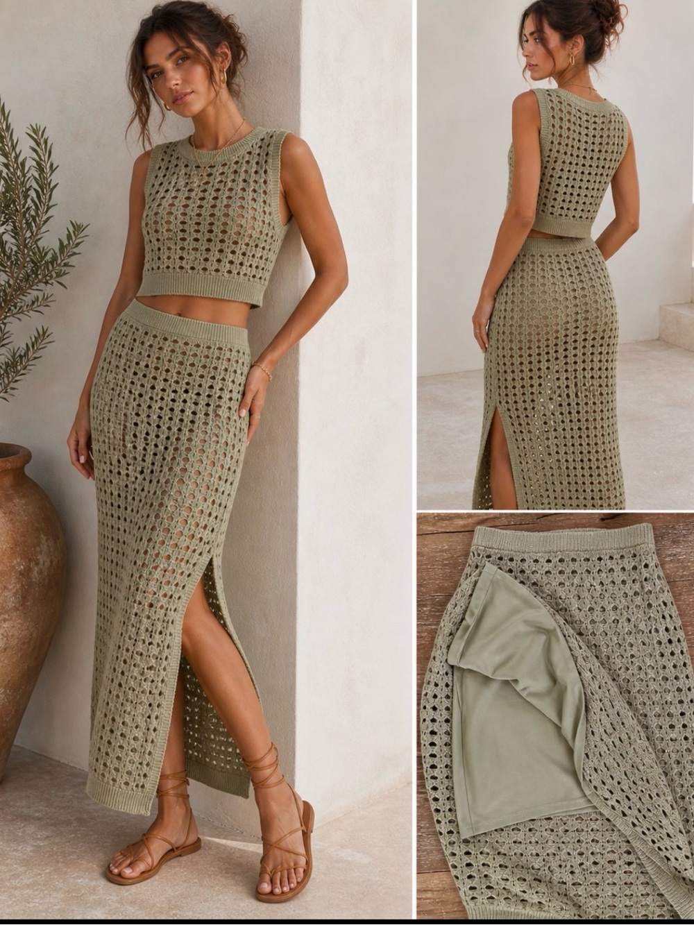 Freshman 1996 2Pc Olive Crochet Knit Set Top Skirt M Lined Slip Boho